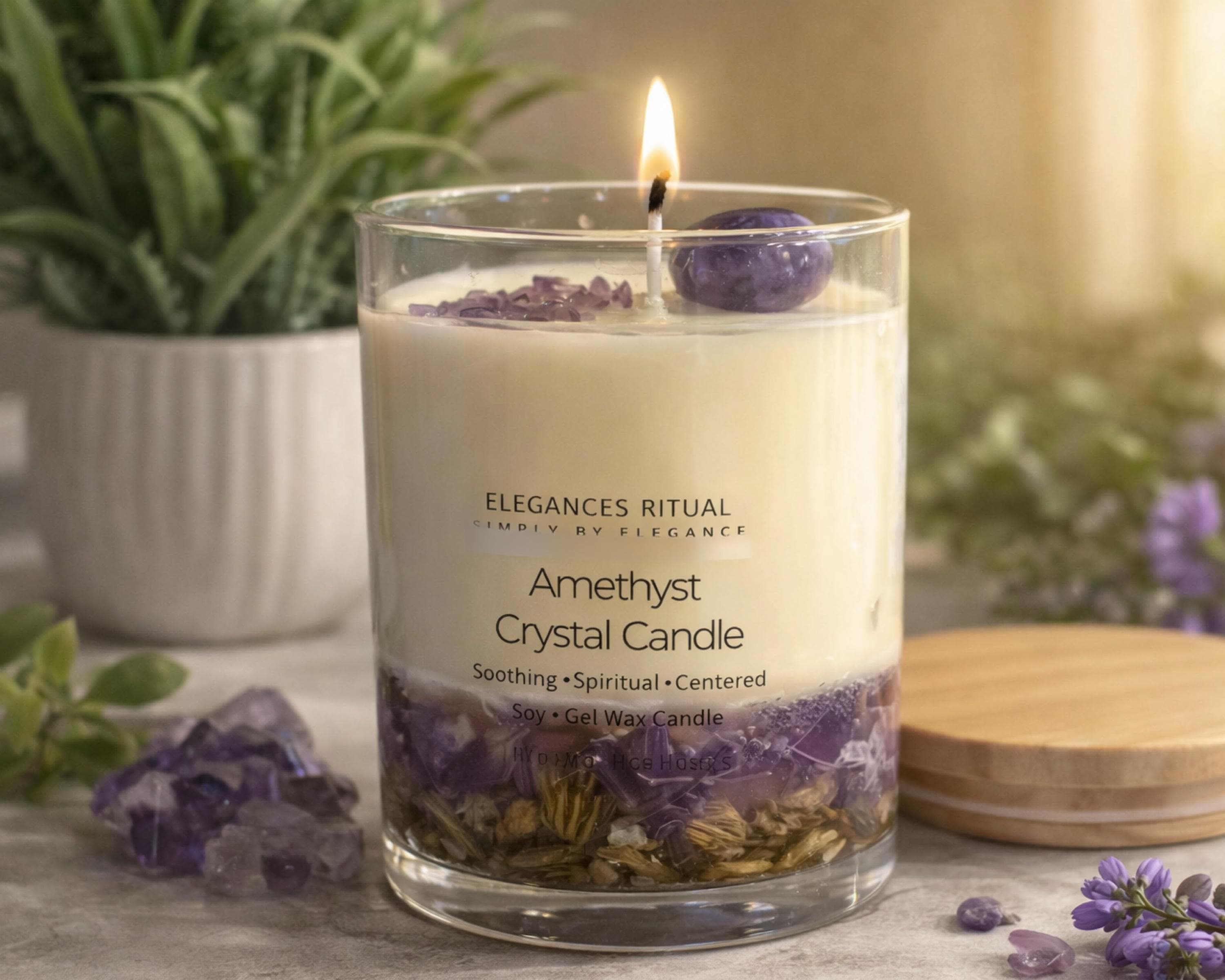 Amethyst Crystal Candle – Sandalwood Scent, 10oz Calm Energy Candle