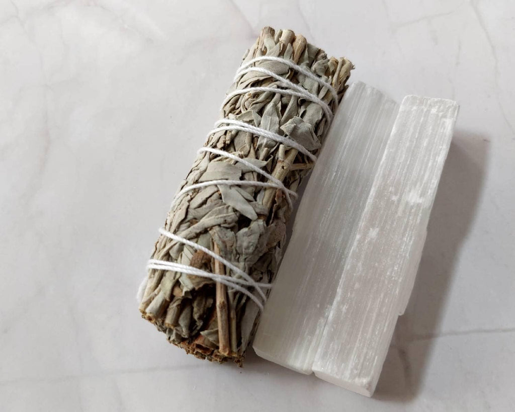 White Sage Smudge Bundle with Selenite Sticks • Energy Cleansing Kit