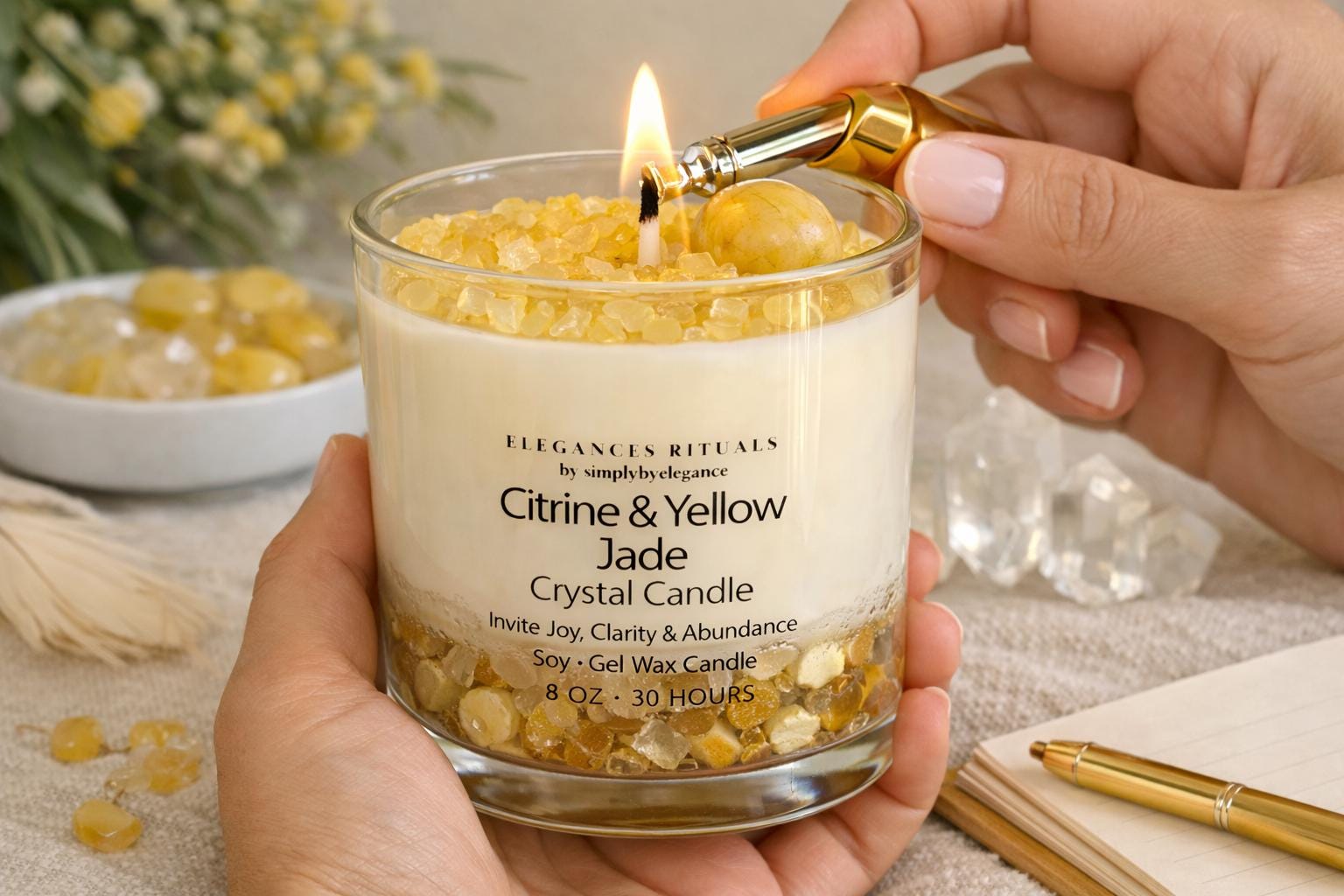 Yellow Jade Citrine Crystal Candle