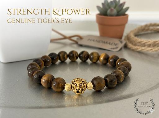 Tiger Eye Protection Bracelet with Gold Lion Head Charm