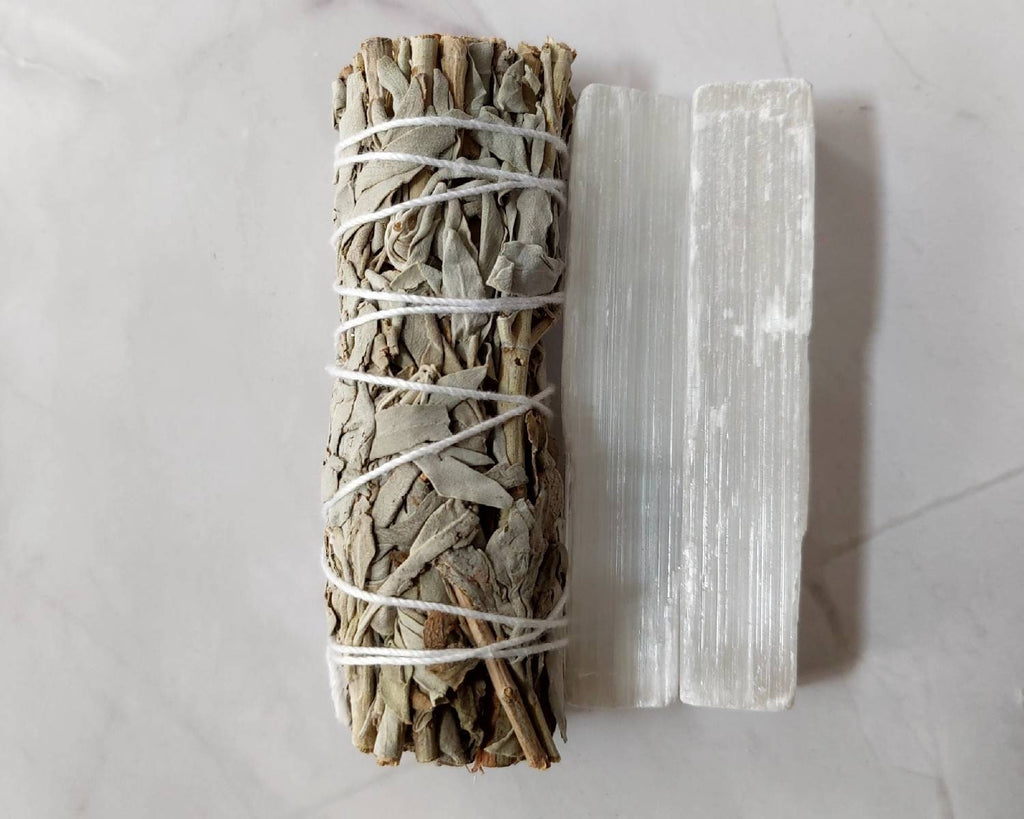 White Sage Smudge Bundle with Selenite Sticks • Energy Cleansing Kit