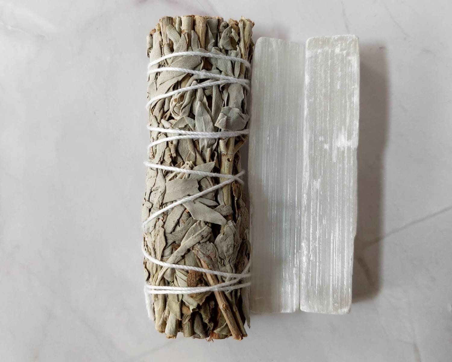 White Sage Smudge Bundle with Selenite Sticks • Energy Cleansing Kit