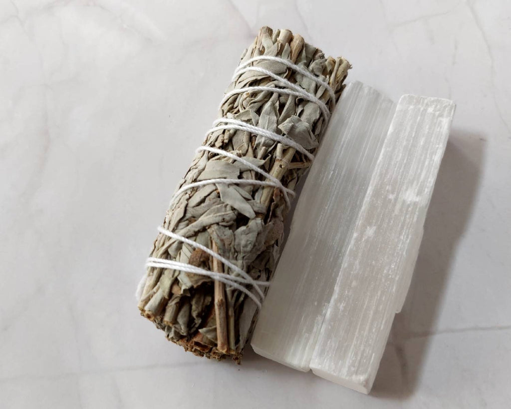 White Sage Smudge Bundle with Selenite Sticks • Energy Cleansing Kit