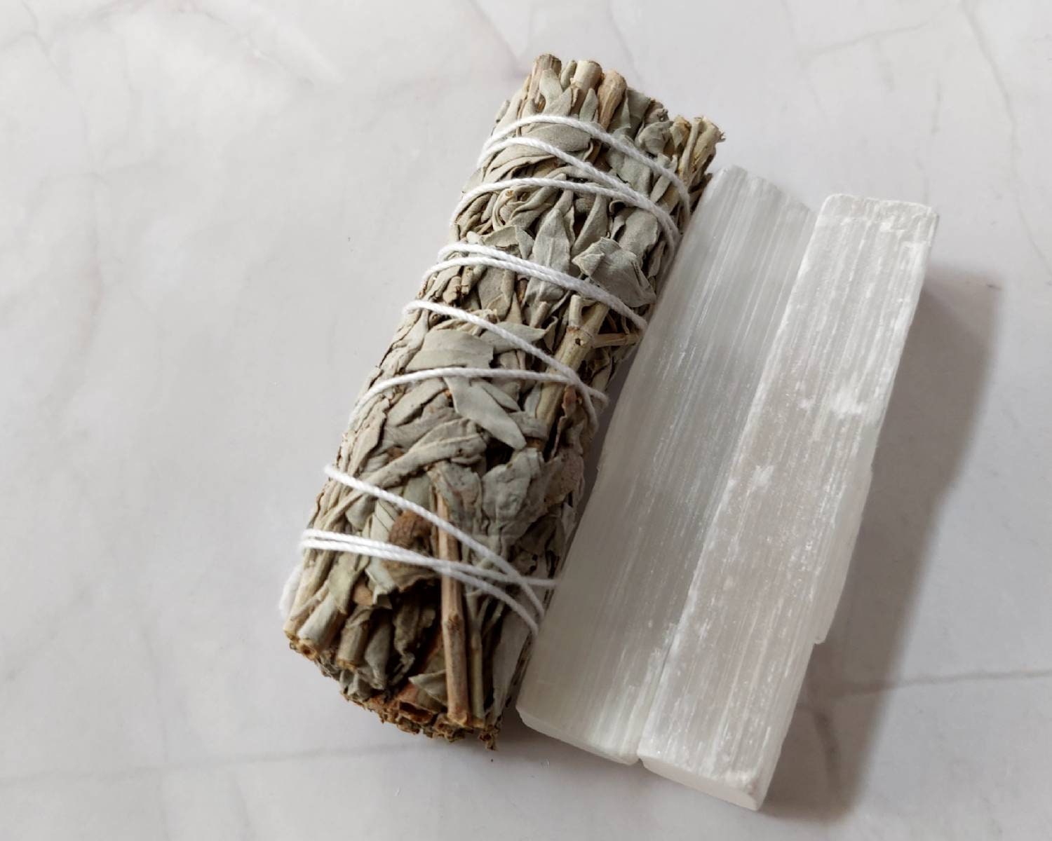 White Sage Smudge Bundle with Selenite Sticks • Energy Cleansing Kit