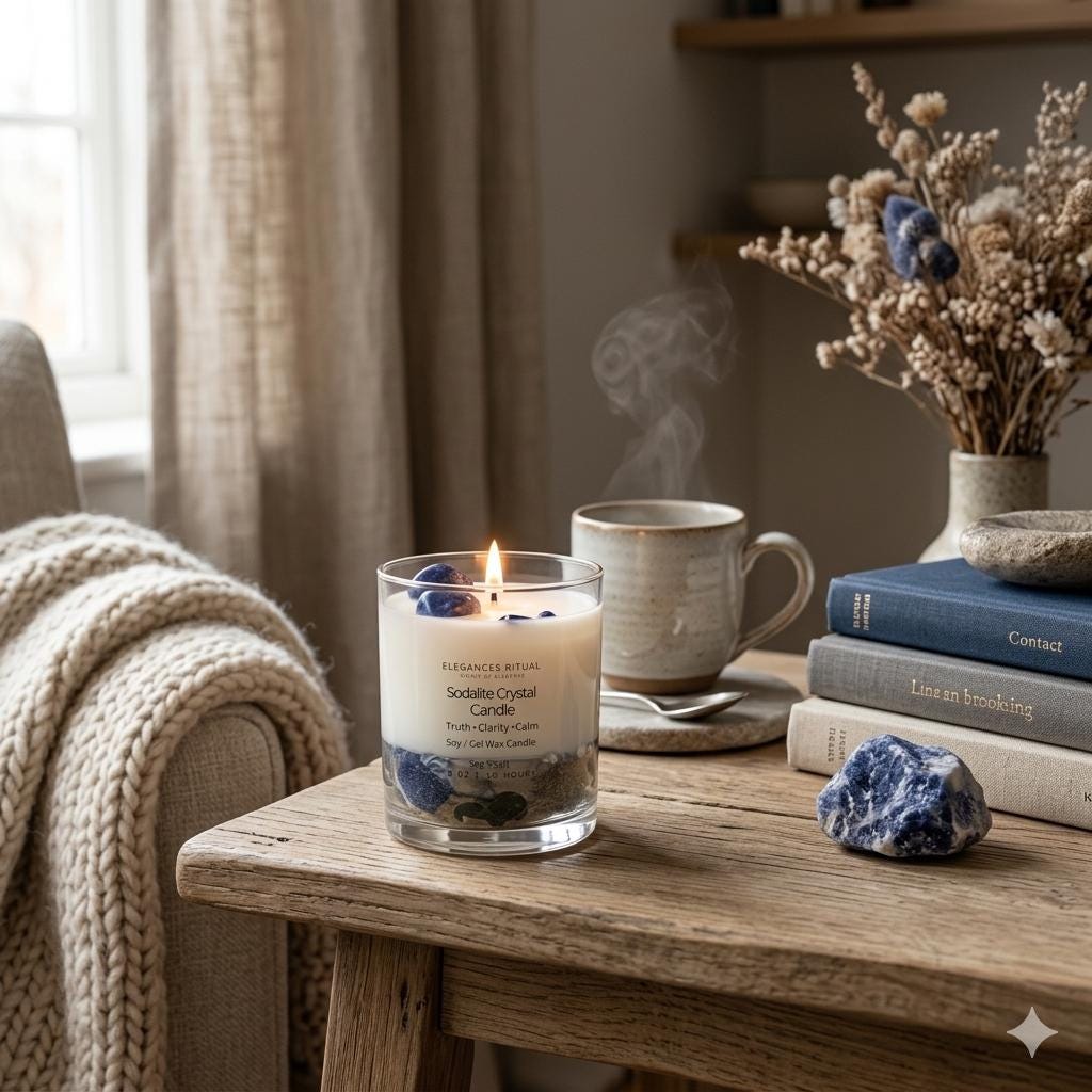 Sodalite Crystal Candle – Sea Salt Scent, 10oz Clarity & Focus Candle
