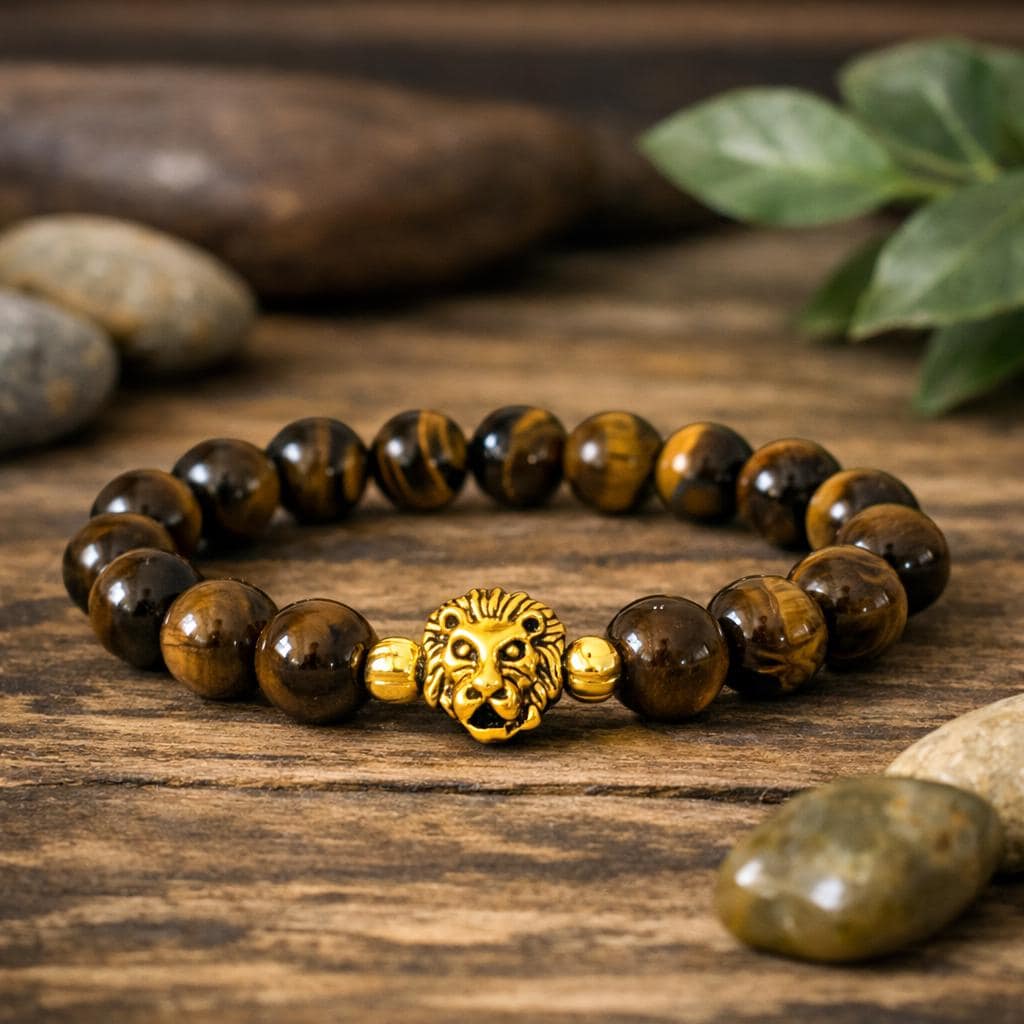 Tiger Eye Protection Bracelet with Gold Lion Head Charm