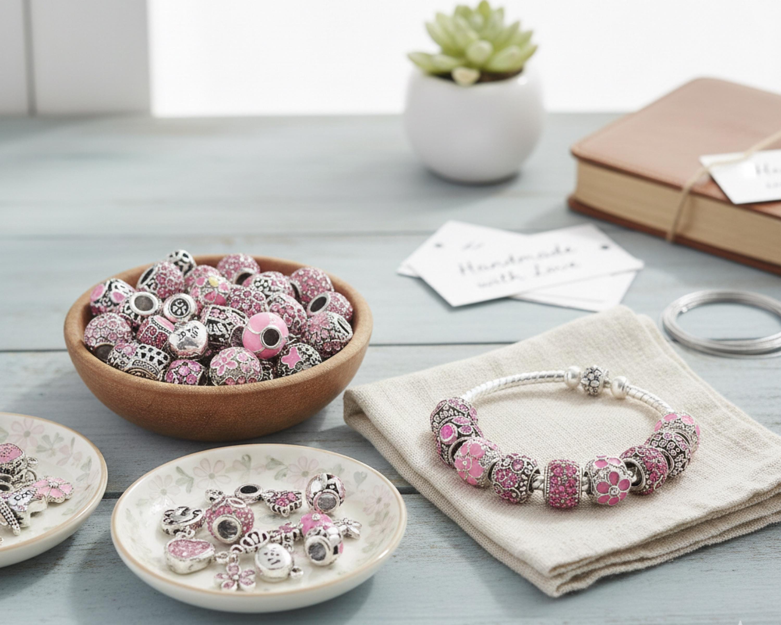 Pink Pandora Style Charms: Silver Beads, Snake Chain Bracelet Gift for her
