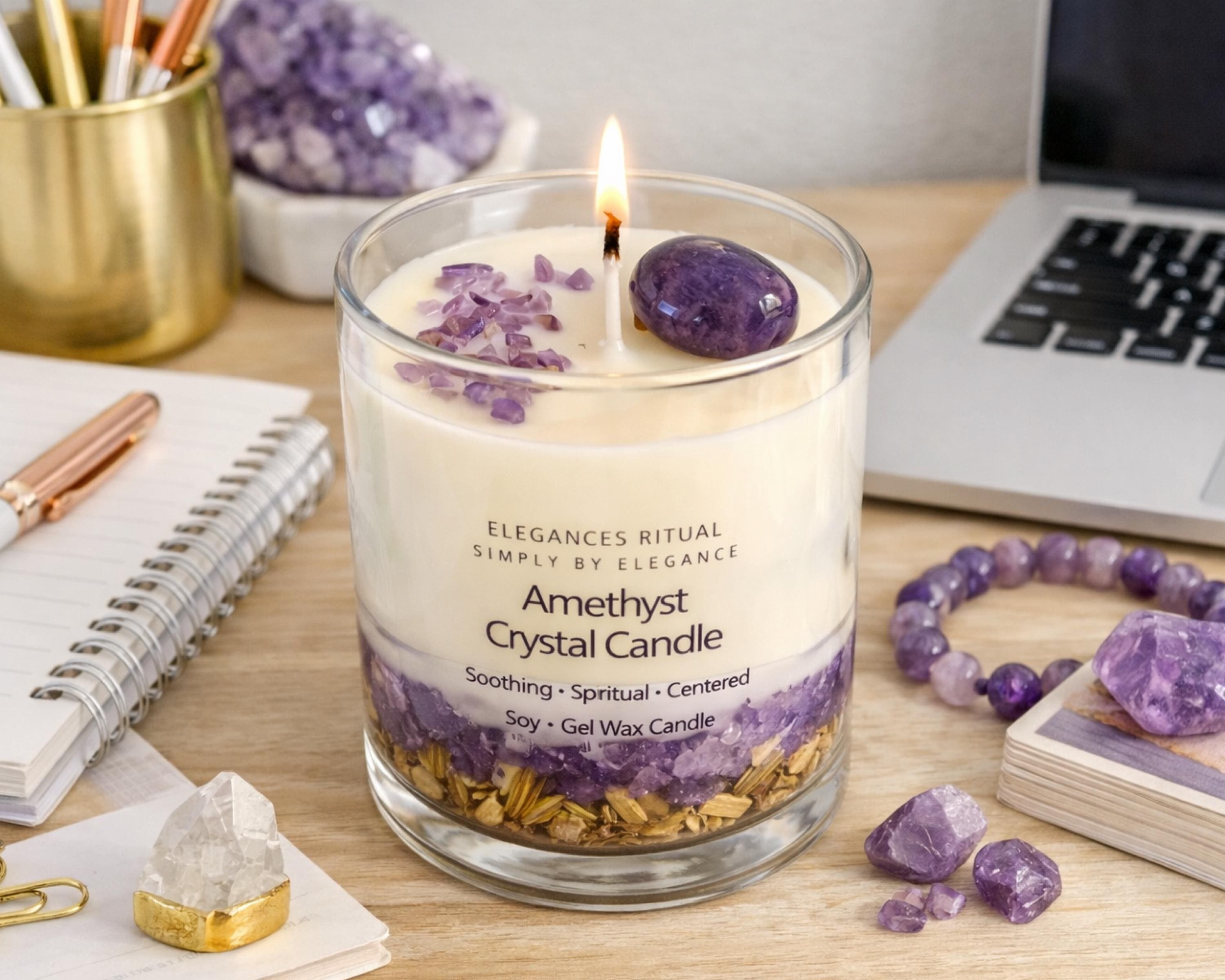 Amethyst Crystal Candle – Sandalwood Scent, 10oz Calm Energy Candle