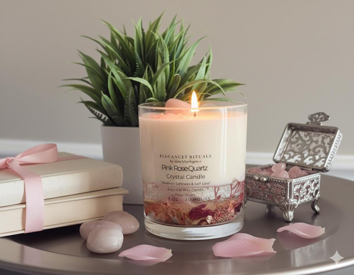 Rose Quartz Crystal Candle –  Rose Scent, 10oz Self‑Love Candle
