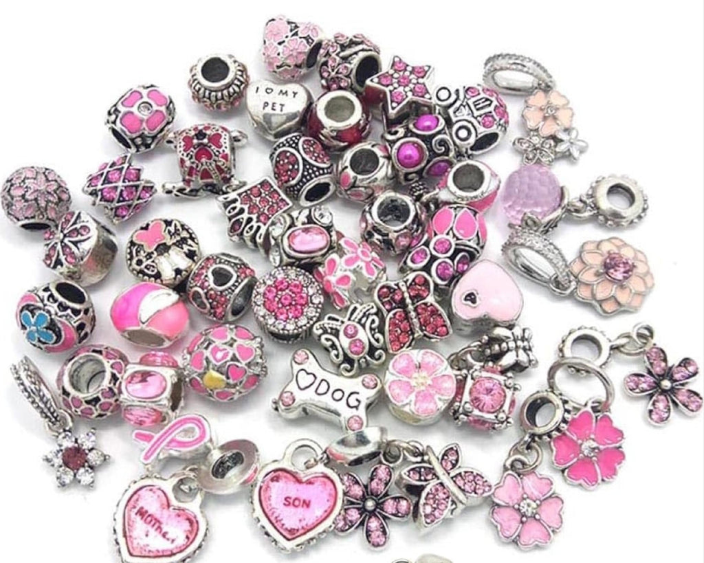 Pink Pandora Style Charms: Silver Beads, Snake Chain Bracelet Gift for her