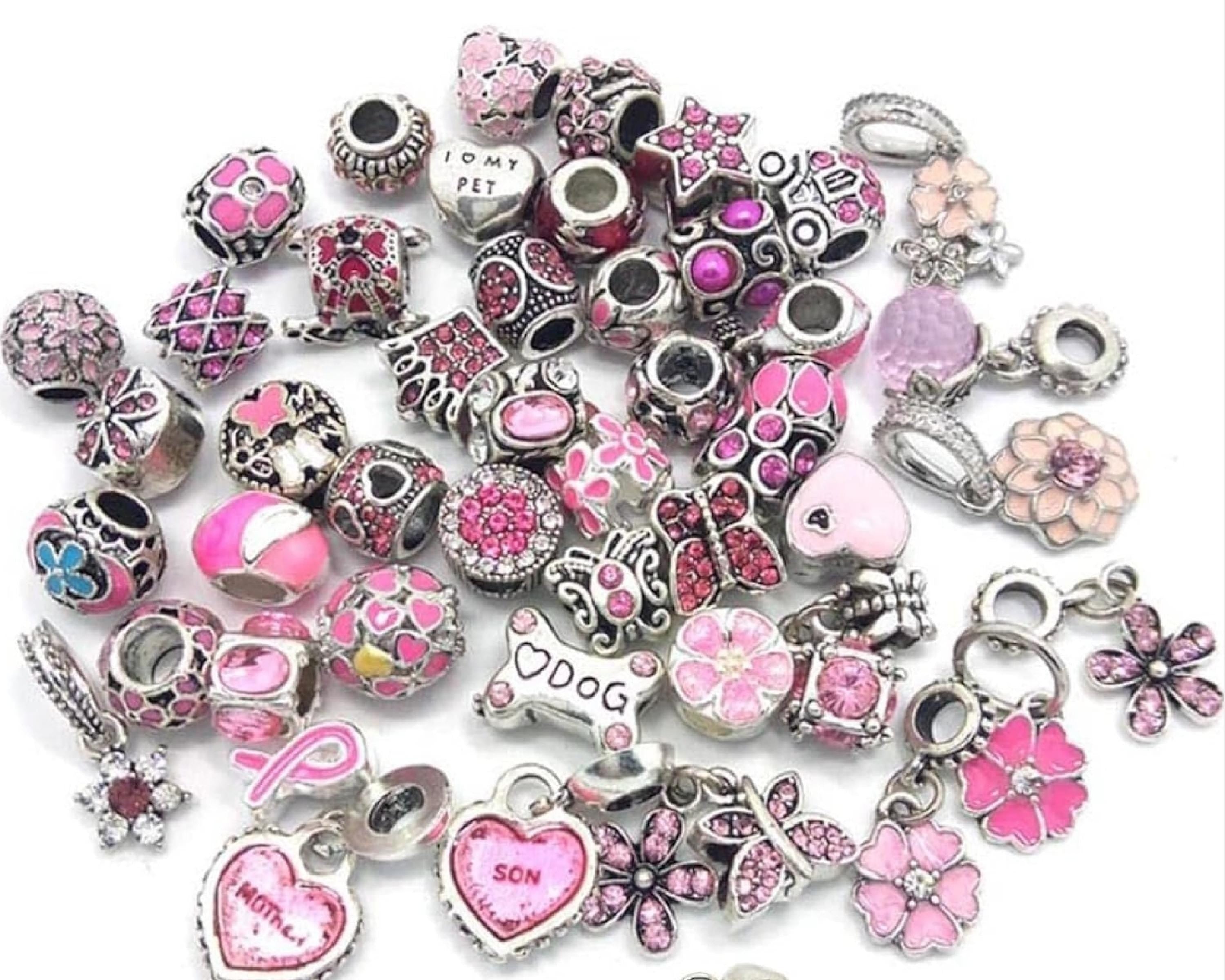 Pink Pandora Style Charms: Silver Beads, Snake Chain Bracelet Gift for her